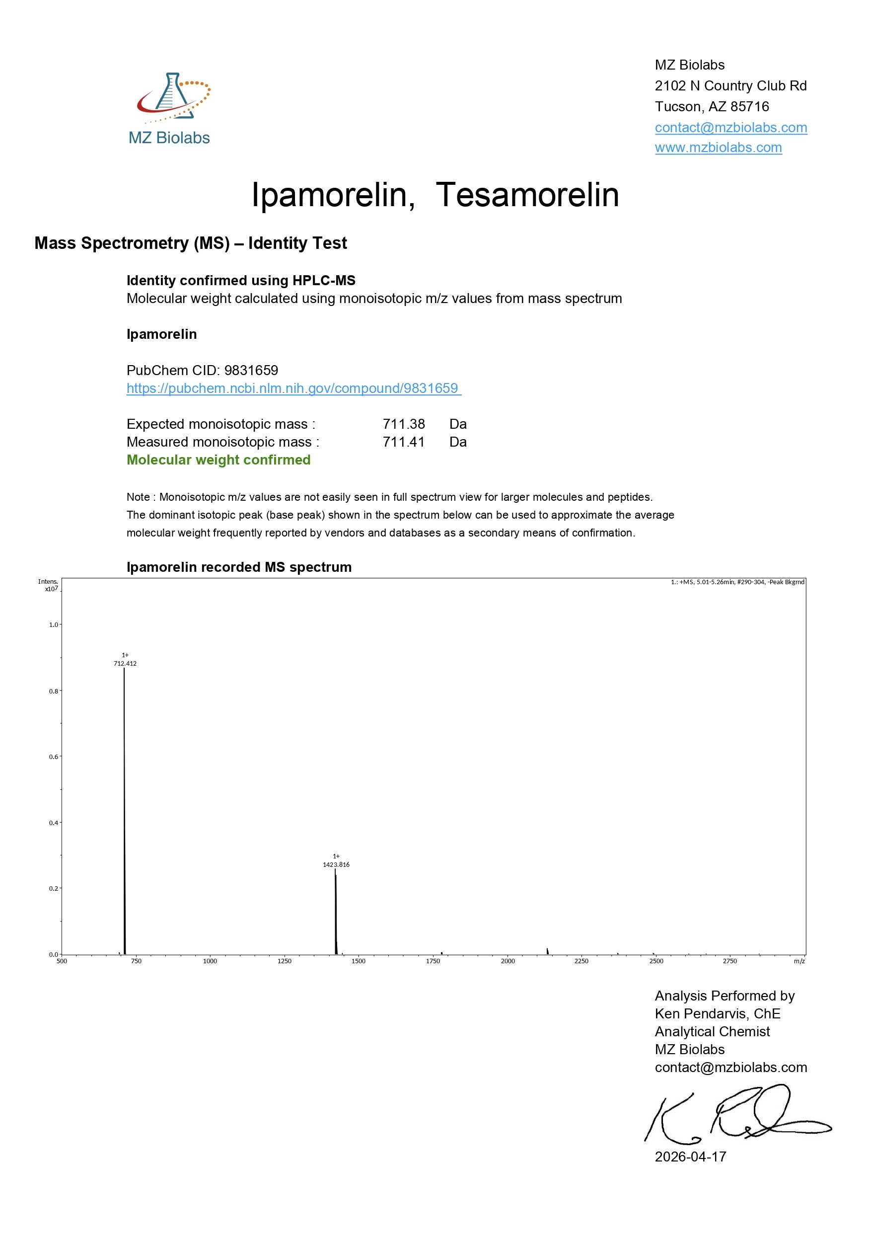 Mass Spectrometry - Tesamorelin & Ipamorelin (8MG) - Ipamorelin