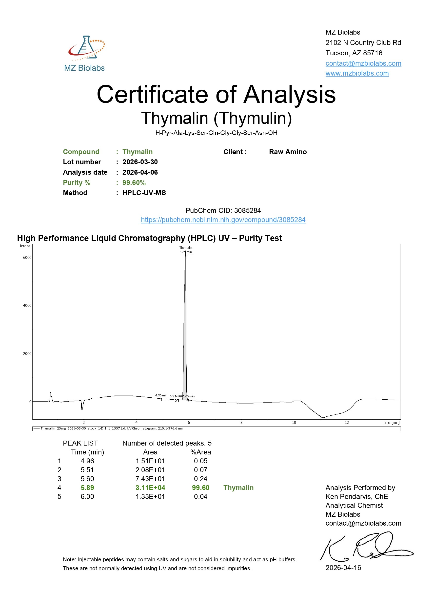 Certificate of Analysis - Thymalin (25MG) Certificate of Analysis - Thymalin (25MG)