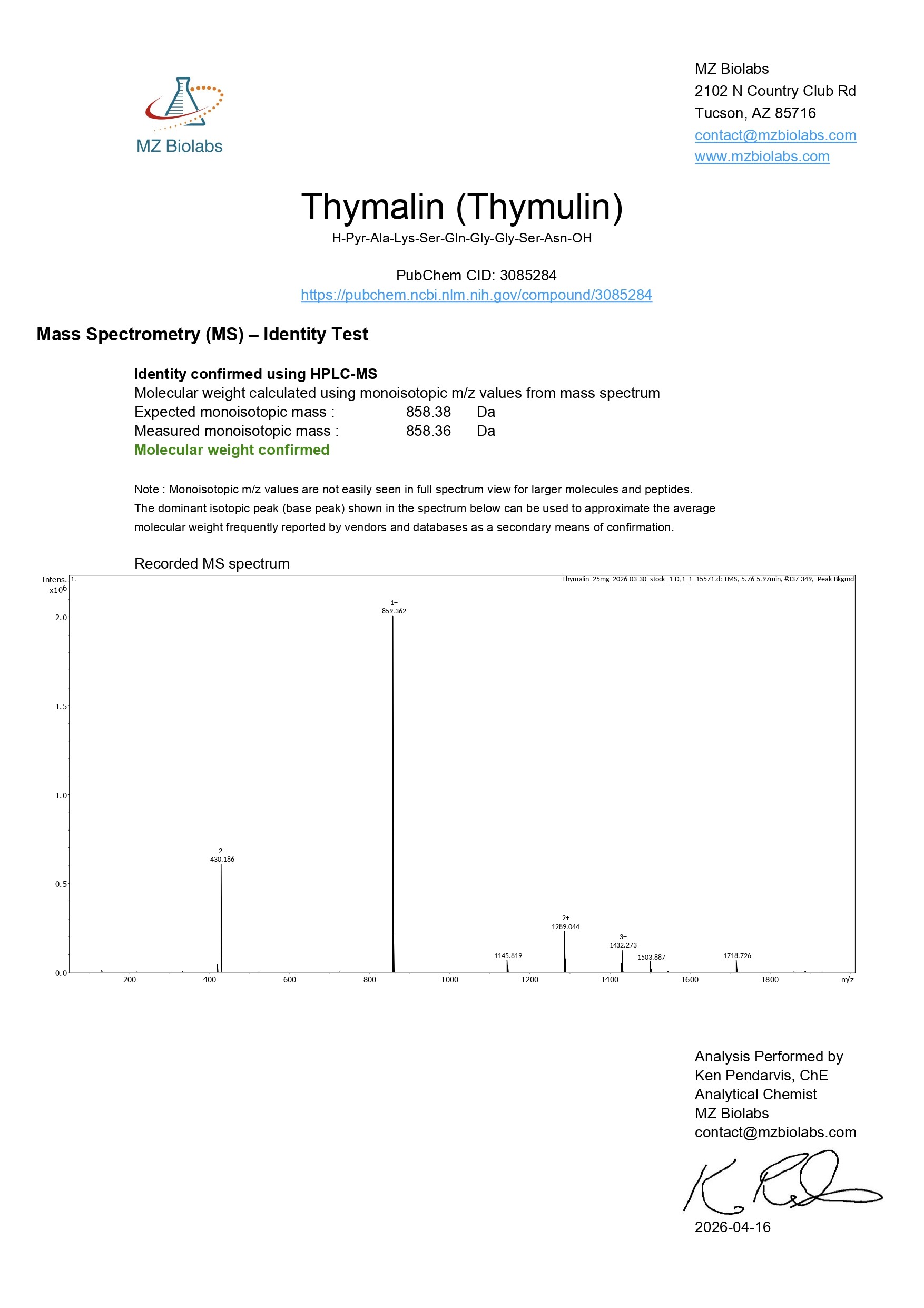 Mass Spectrometry - Thymalin (25MG) Mass Spectrometry - Thymalin (25MG)