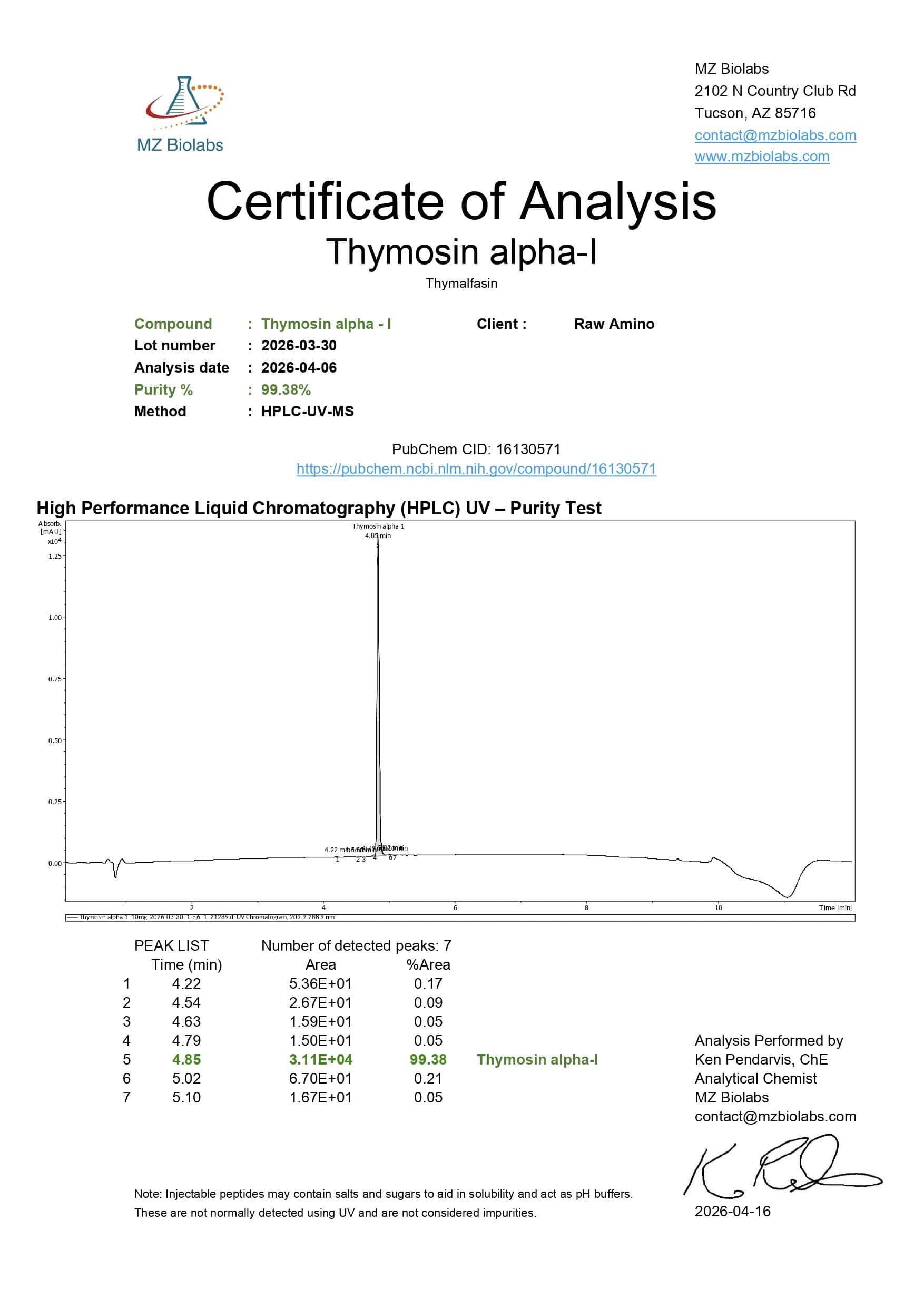 Certificate of Analysis - Thymosin Alpha-1 (10MG) Certificate of Analysis - Thymosin Alpha-1 (10MG)