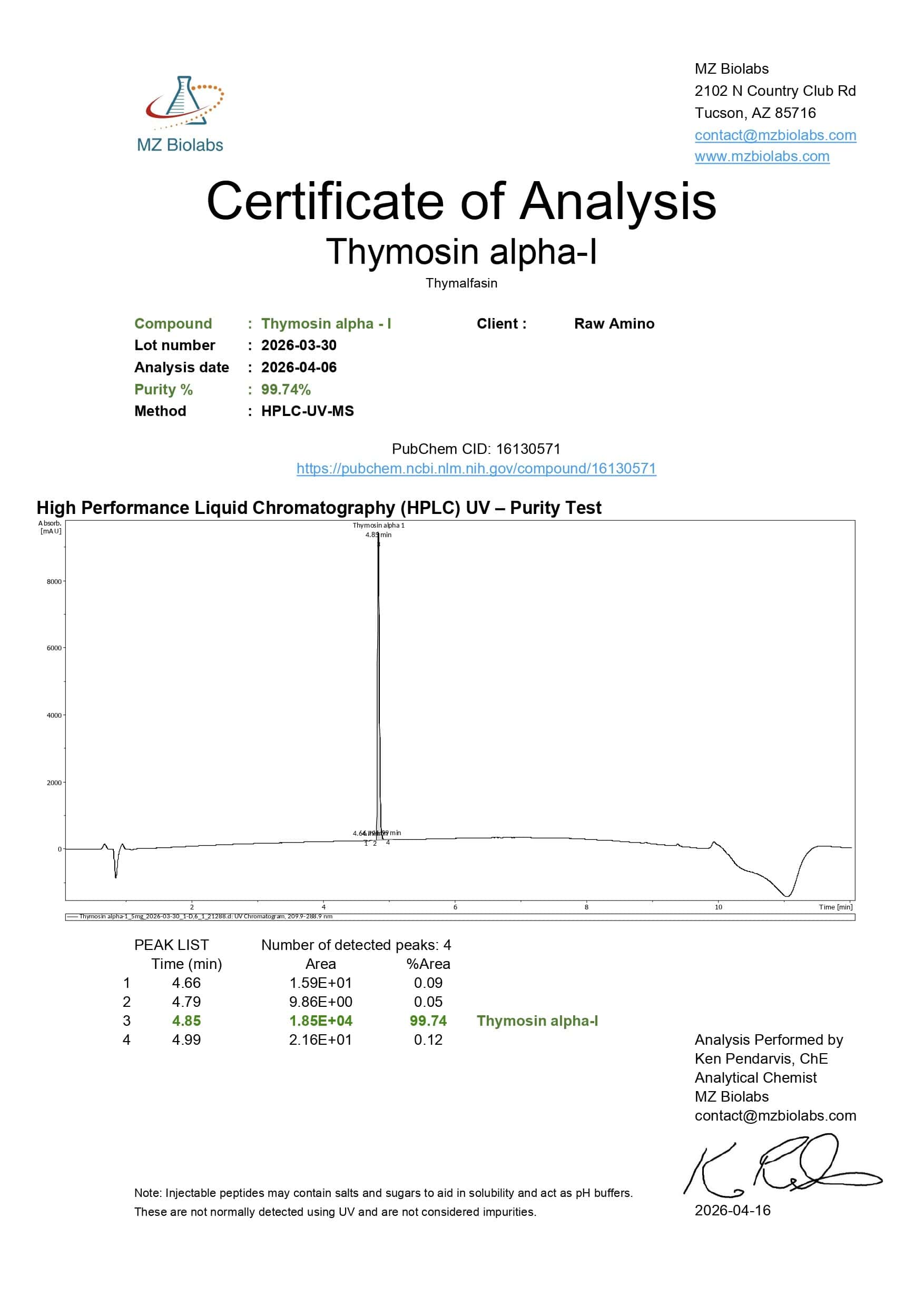 Certificate of Analysis - Thymosin Alpha-1 (5MG) Certificate of Analysis - Thymosin Alpha-1 (5MG)