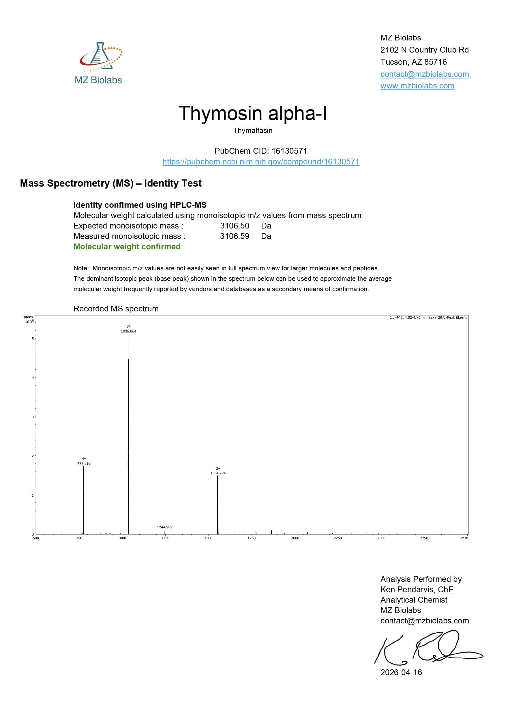Mass Spectrometry - Thymosin Alpha-1 (5MG) Mass Spectrometry - Thymosin Alpha-1 (5MG)