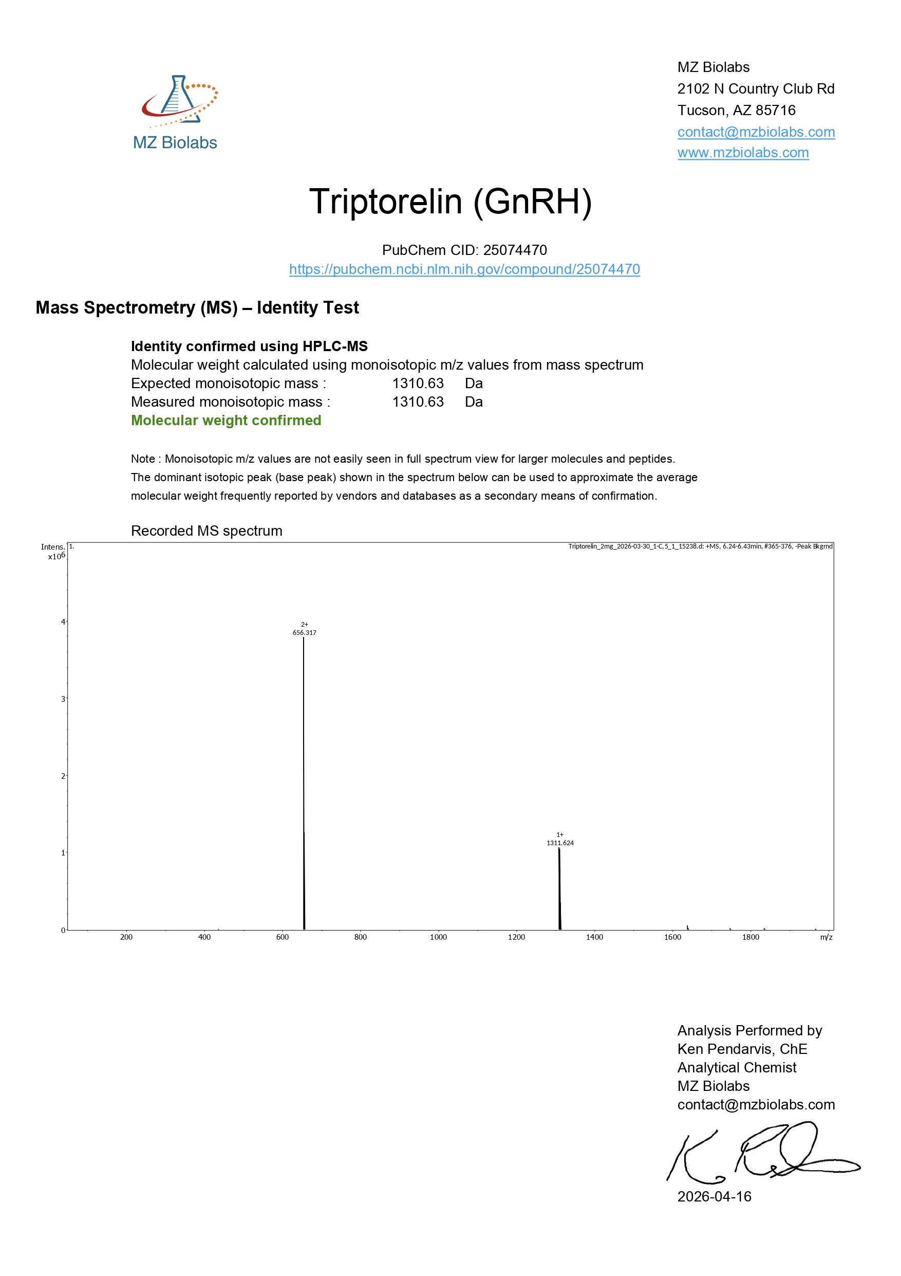 Mass Spectrometry - Tripeptide-29 (200MG)