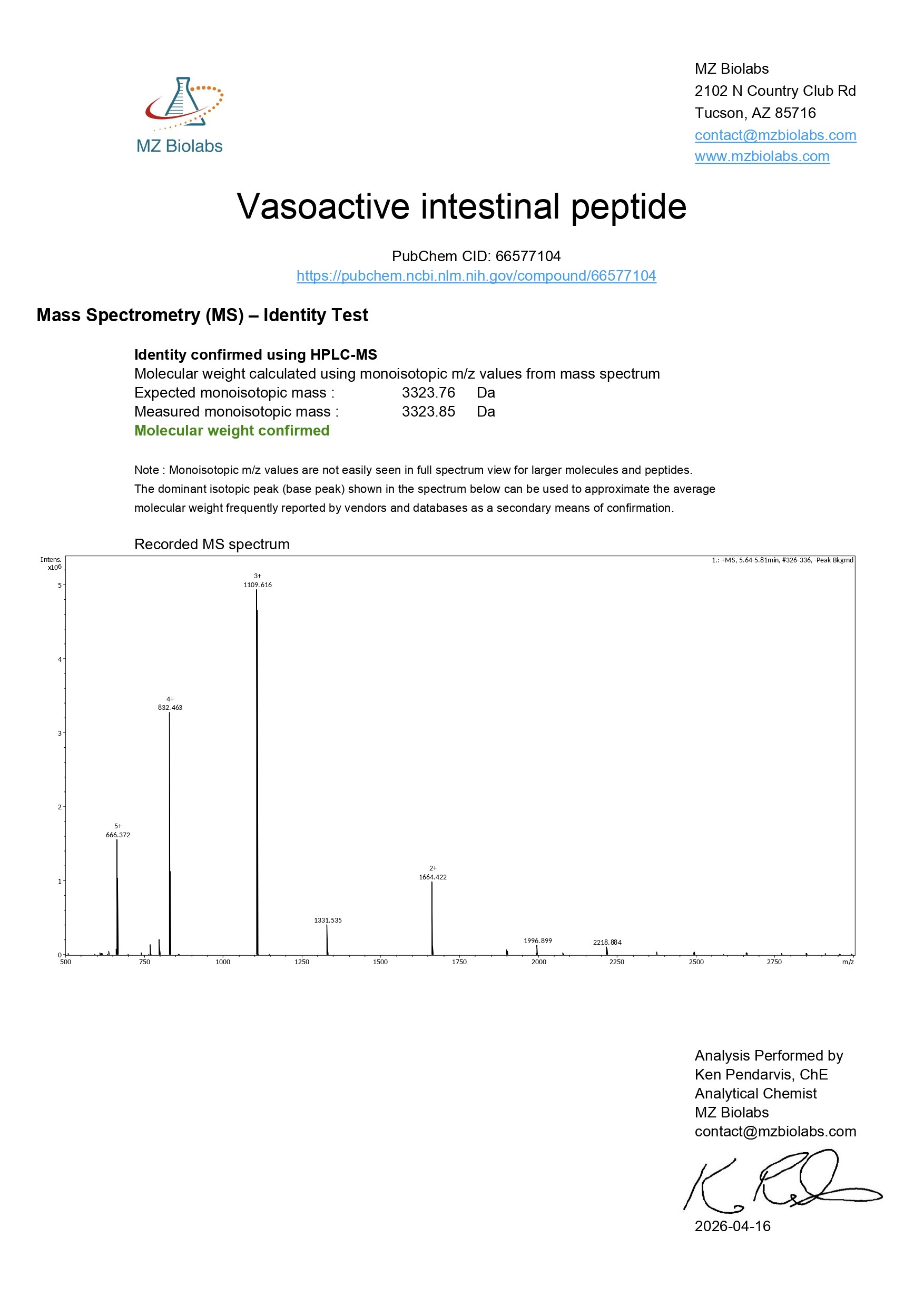 Mass Spectrometry - VIP (6MG) Mass Spectrometry - VIP (6MG)