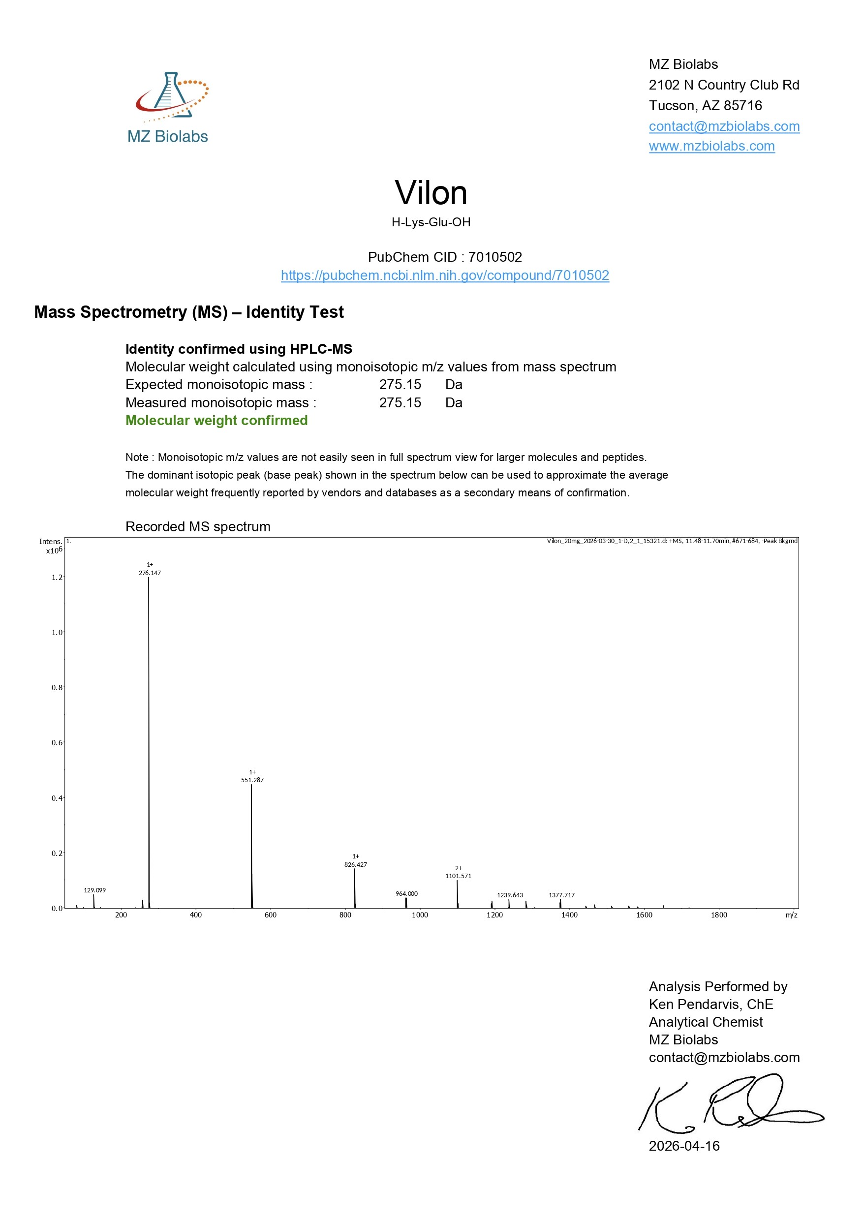 Mass Spectrometry - Vilon (20MG)